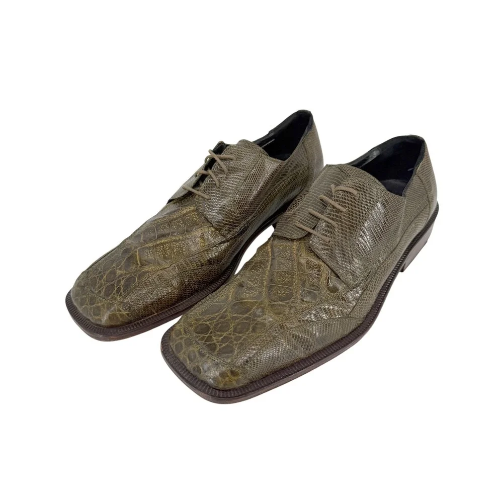 David Eden Green Exotic Lizard Crocodile Leather Dress Shoes Mens 8.5 Square Toe